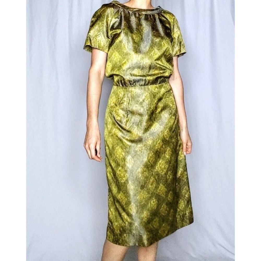 Vintage 60s handmade mid century chartreuse green sheath dress small Med Pinup